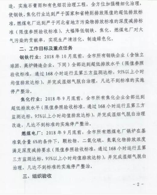 河北省鋼鐵、焦化、燃煤電廠深度減排攻堅方案