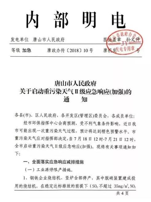 唐山啟動重污染天氣應急響應 鋼鐵燒結機豎爐、水泥企業(yè)全部停產